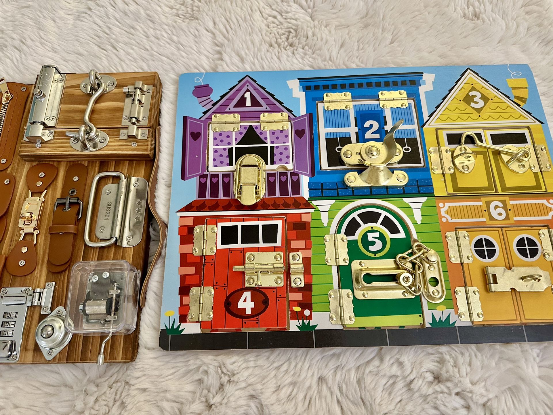 Montessori Sensory Lock Latch Board+Melissa & Doug Activity House Board+$ Tray (3pcs)