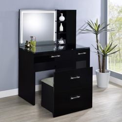 2-drawer Vanity Table Set LED Mirror and Stool Black High Gloss! Lowest Prices Ever! 