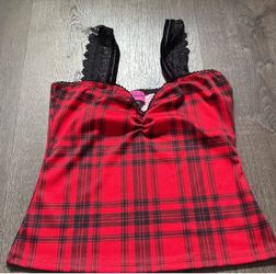 Red Plaid Cami Top with Black Lace Straps