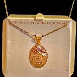 925 STERLING SILVER 18k Gold plated CABLE CHAIN 19" WITH I LOVE YOU