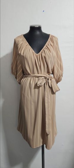 Worthington Beige Striped V-Neck Midi Dress with Belt size xl