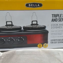 Bella Red Triple Slow Cooker And Server 3-1.5 Quart Stoneware Pots Buffet Party