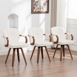 Swivel Dining Chairs Set of 3 Mid Century Modern White Faux Leather Upholstered Kitchen Chairs with Bentwood Frame Armrests Side Chairs,Comfortable Er