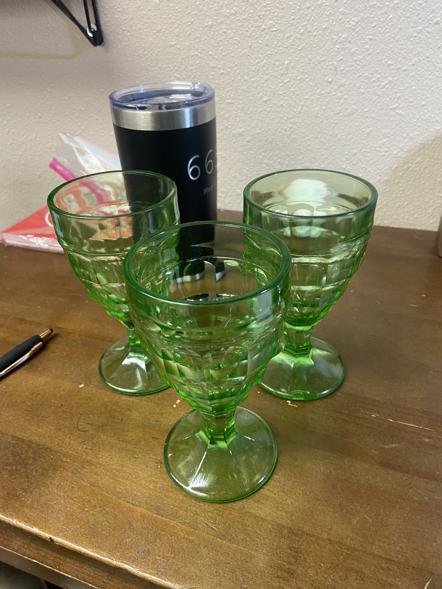 Vintage Green Depression Glass Goblets (3)