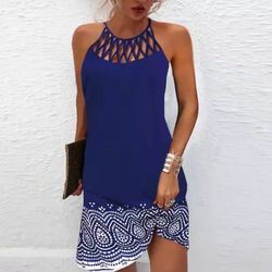 Elegant Fashion Party Midi Dress Blue color Women's Sexy Summer Printed Mesh Strap Sleeveless Casual Retro Dresses Beach Sundress Size(L).