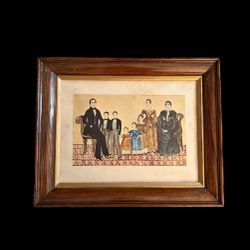 Vintage Framed Folk Art Print Family Group Lithograph Artist Unknown