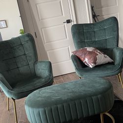 Velvet Hunter Green Chair Set (2) + Ottoman 