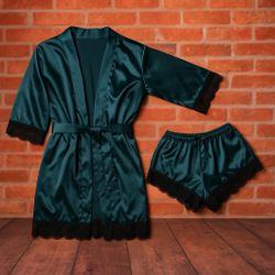 Satin Green Robe & Shorts Lingerie Set