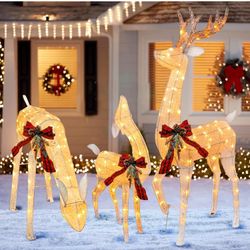 3-Piece Pre-Lit Reindeer Family Set, 3D Plug in 100+Warm White Led Lighted Decoration, Waterproof Outdoor Christmas Deer Decor for Yard, Patio, Lawn