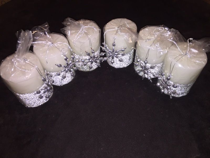 (6) Pillar Candles Silver Sparkles w/Snowflakes