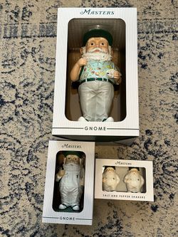 Brand New 2025 Masters Gnome with mini gnome and gnome salt and pepper shakers!!