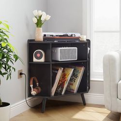 Corner Record Player Stand with Charging Station & USB Ports, 3 Tier Mid Century Modern Vinyl Record Storage Cabinet, Wood Turntable Stand for Music R