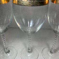 Vintage Crystal Gold Rim Etched Twisted Stem 