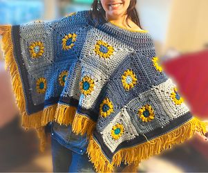 Crochet Blue Sunflower Shawl