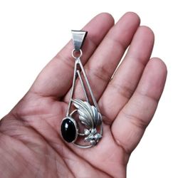 Vintage Silver Toned Black Gem Floral Pendant