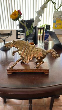 Vintage Gold-Tone Cast Metal Running Horse Sculpture on Wooden Base