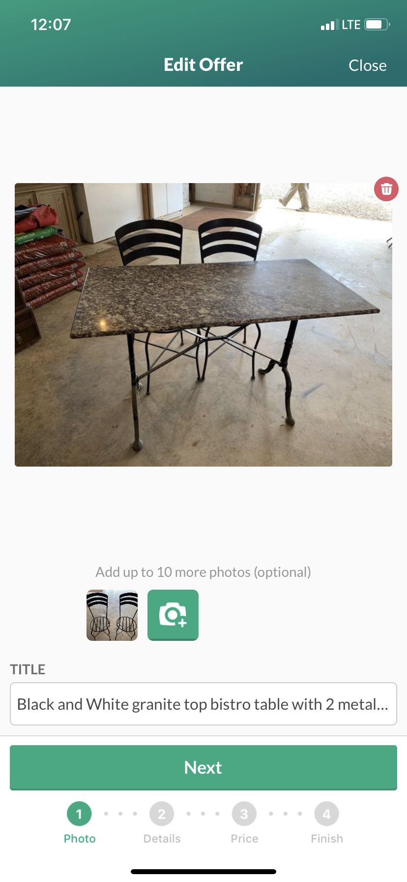 Solid iron and granite bistro table with 2 chairs