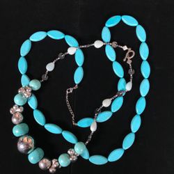 2 Necklace Lot Turquoise Dyed Howlite Chunky Beads Statement Jewelry Pair Set