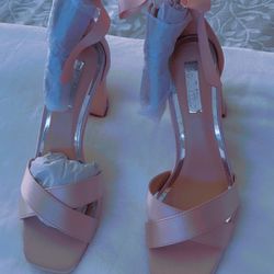 Bridal Caramel Blush Satin  Block Heeled Sandals With Embellished Ribbon Tie 