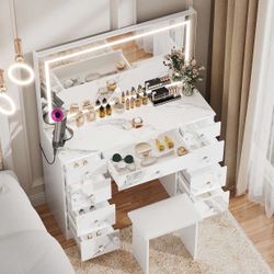 Marble Vanity Set With LED Mirror & Power Outlets, 9 Drawers with Diamond Handles