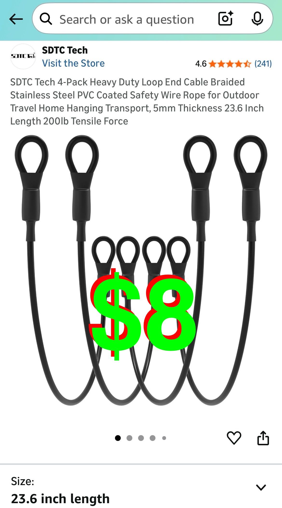 SDTC - Tech 4-Pack Heavy Duty Loop End Cable Braided Stainless Steel PVC Coated Safety Wire Rope for Outdoor Travel Home Hanging Transport, 5mm Thickn