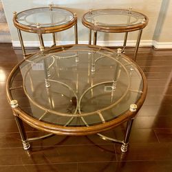 Amazing 3 PC Mid Century Rattan & Gold Coffee & Side/End tabes