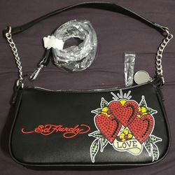 Ed Hardy Iconic Tattoo 3 Hearts Love Bling Black Crossbody Shoulder Bag NEW