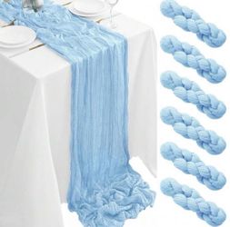 Lot of White Table Sheets (8), Blue Runners (12), Blue Pacifier Necklaces (17)