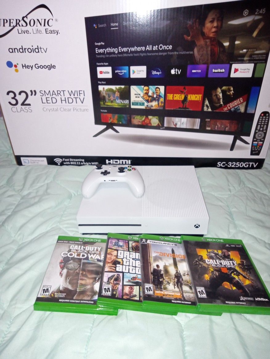 Xbox One S 1TB With Controller And 4 Good Games And A Brand New Google Fire TV  