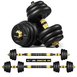 4 in 1 Adjustable Dumbbell Barbell Kettlebell Set, 44/88 LBS Free Weights Set with 15.7'' Straight Bar and 22.8'' Curl Bar, Whole Body Workout(1 Pair/