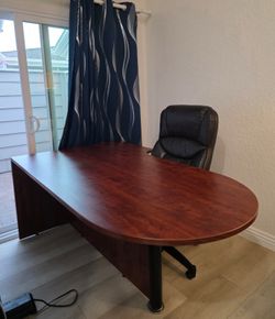 Office furniture desk, filing cabinet, chair, shelves