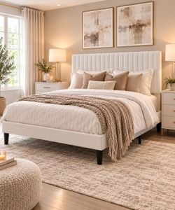 Queen bed Size Velvet Bed Frame with Vertical Channel Tufted Wingback Headboard, Upholstered Platform Bed with Wood Slats, No Box Spring Needed, Easy 