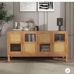 Mid-Century Retro Modern Rattan Sideboard with Glass Doors, Large Storage Space, 4-Door Cabinet Buffet for Entryway & Living Room, Brown