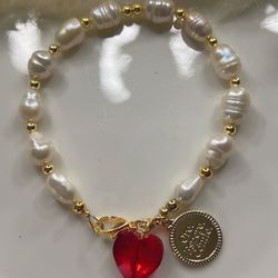 Freshwater Pearl Bracelet Red crystal Pendant Gold Plated Charm 