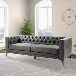 Eridu Contemporary 84 in. Square Arm Faux Leather Button-Tufted design Tuxedo Rectangle Sofa in Grey