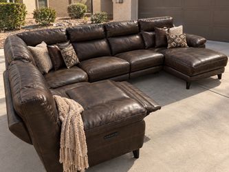 Small brown/ black leather sectional with chaise lounge - delivery available