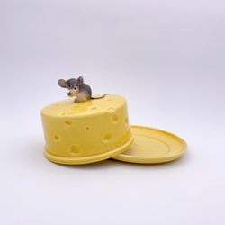 Vintage Ceramic Cheese Dome With Mouse Figurine Lid & Matching Plate