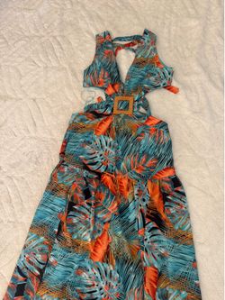 Tropical Print Halter Maxi Dress with Belt