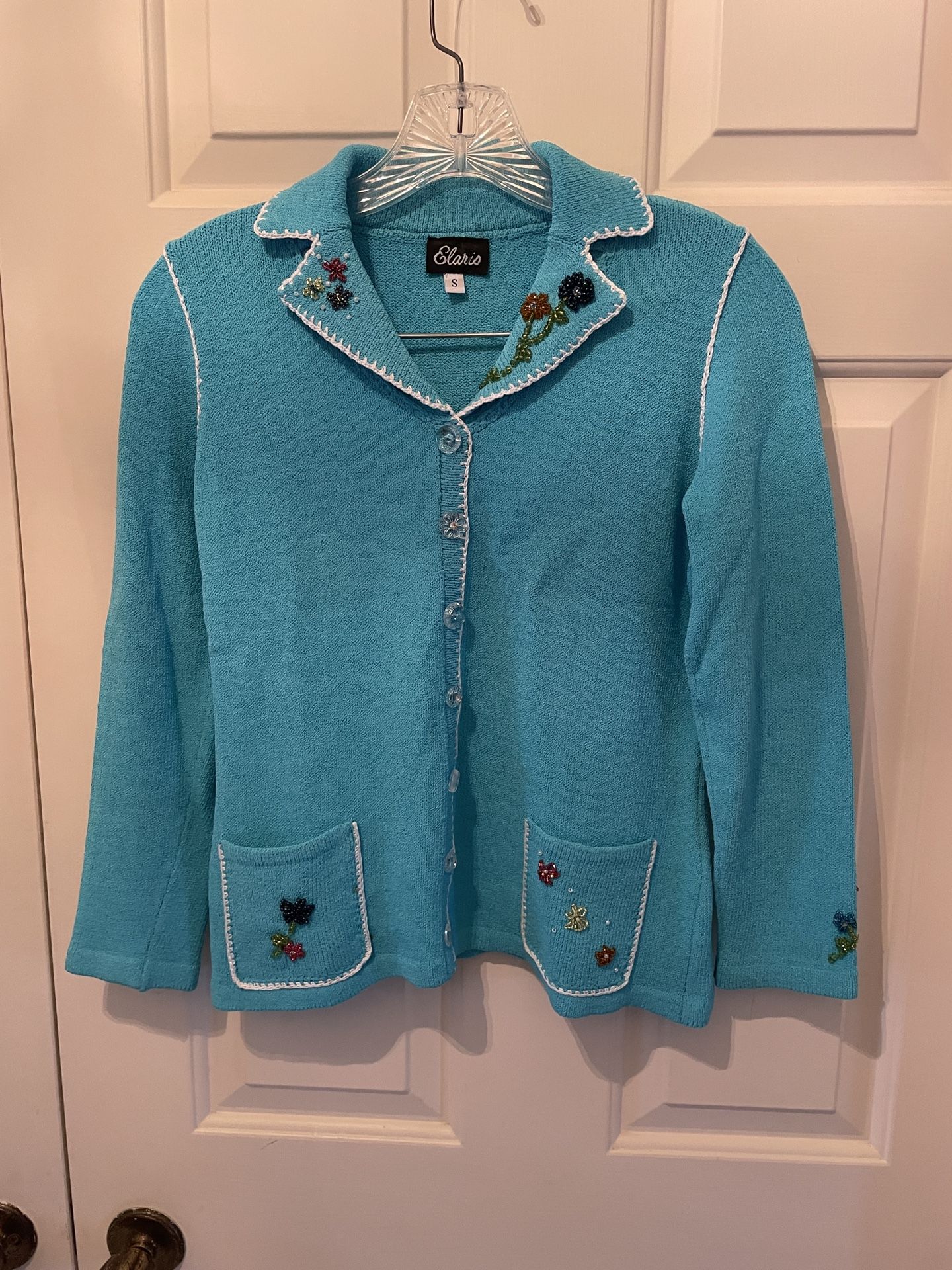 Elaris- Women’s Small Teal/Aqua Cardigan- Small Front Pockets, Floral Beading