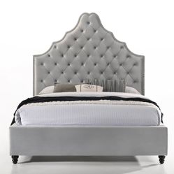 VINTAGE GLAM GRAY VELVET TUFTED HEADBOARD QUEEN CAL OR EASTERN KING SIZE PLATFORM - CAMA COLCHON