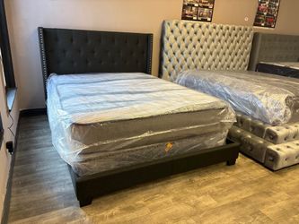 😍 Brand New Gray/Black Tufted Upholstered Wingback Bed W/ Nailhead Trim | King • Queen • Full • Twin • Opt Mattress & Box Spring | Pay After Delivery