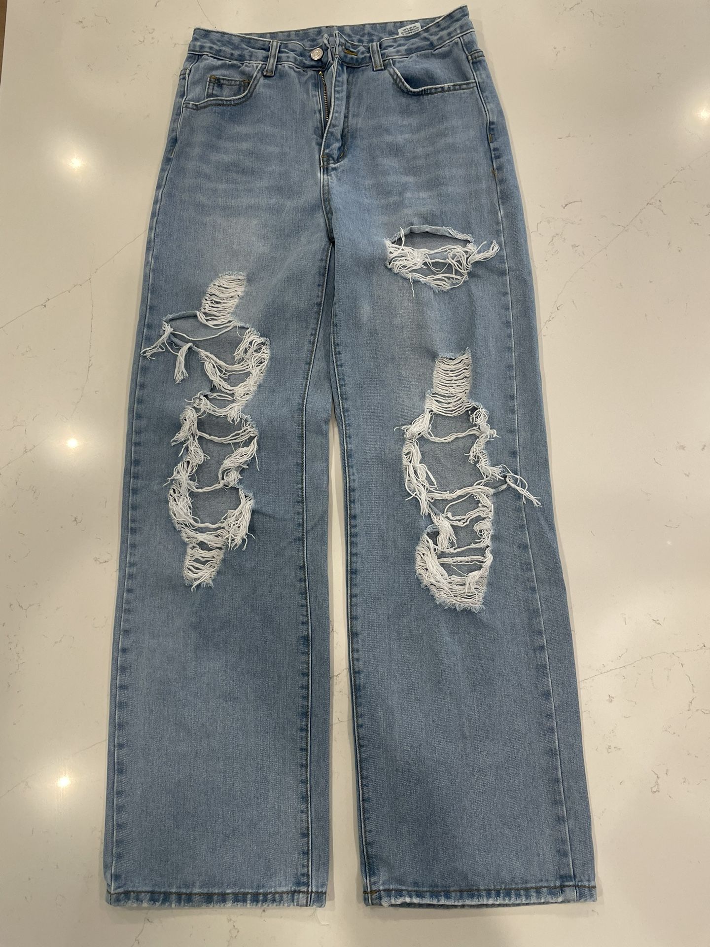 Shein Women’s Light Wash Destructed Straight Leg Jeans Size 4