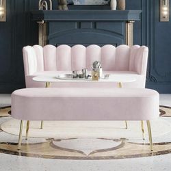 Castle Place Modern Luxury Upholstered Velvet Love Seat with Bench and Coffee Table, Light Pink