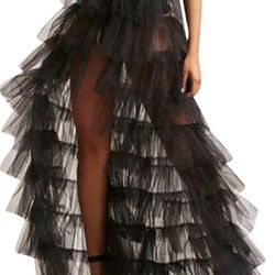 Long High Low Ruffles Tulle Skirt SIZE: SMALL- Solid Color Mesh Tied-Up Irregular Floor-Length Party Train Overskirt Cover Ups