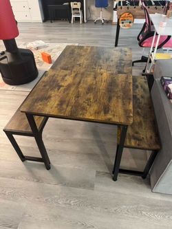 Rustic Industrial Dining Table with Two Benches