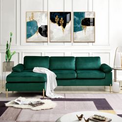 Green Velvet L-Shaped Sectional Sofa with Chaise, Gold Legs ((Free Delivery))