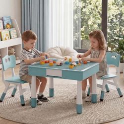 Table & Chair Set,Double-Sided Reversible Tabletop with Building Block Base & Graffiti Drawing Board,2 Adjustable Toddler Chairs,Multi-Purpose Activit