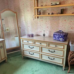 Vintage 1970s French Provincial Bedroom Set 5 Pieces Bohemian Mirror Chair Desk Dresser Mid Century