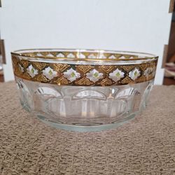 Vintage Culver Valencia 22k Gold Green Diamond Fruit, Salad, Chip Bowl