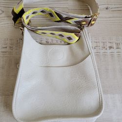 Ahdorned White Vegan Leather Messenger Crossbody Bag With Patterned Straps
